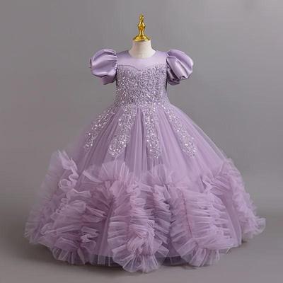 Abito da principessa fatto a mano con perline per bambina con gonna in tulle a rete e maniche a fungo per esibizioni, compleanni o danza