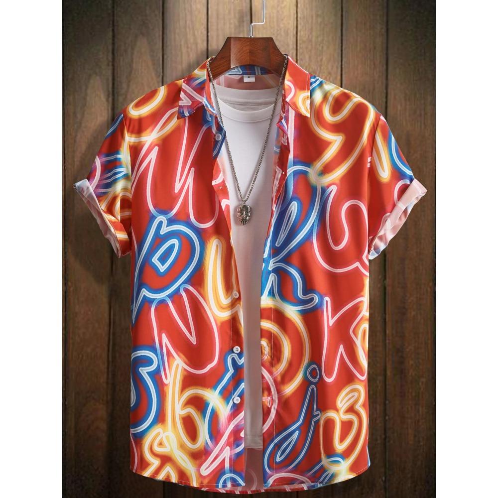Men's Neon Style Print Lapels Button Up Casual Short Sleeve Shirts Men's Clothing for Summer Hawaii Shirt Men's  Streetwear