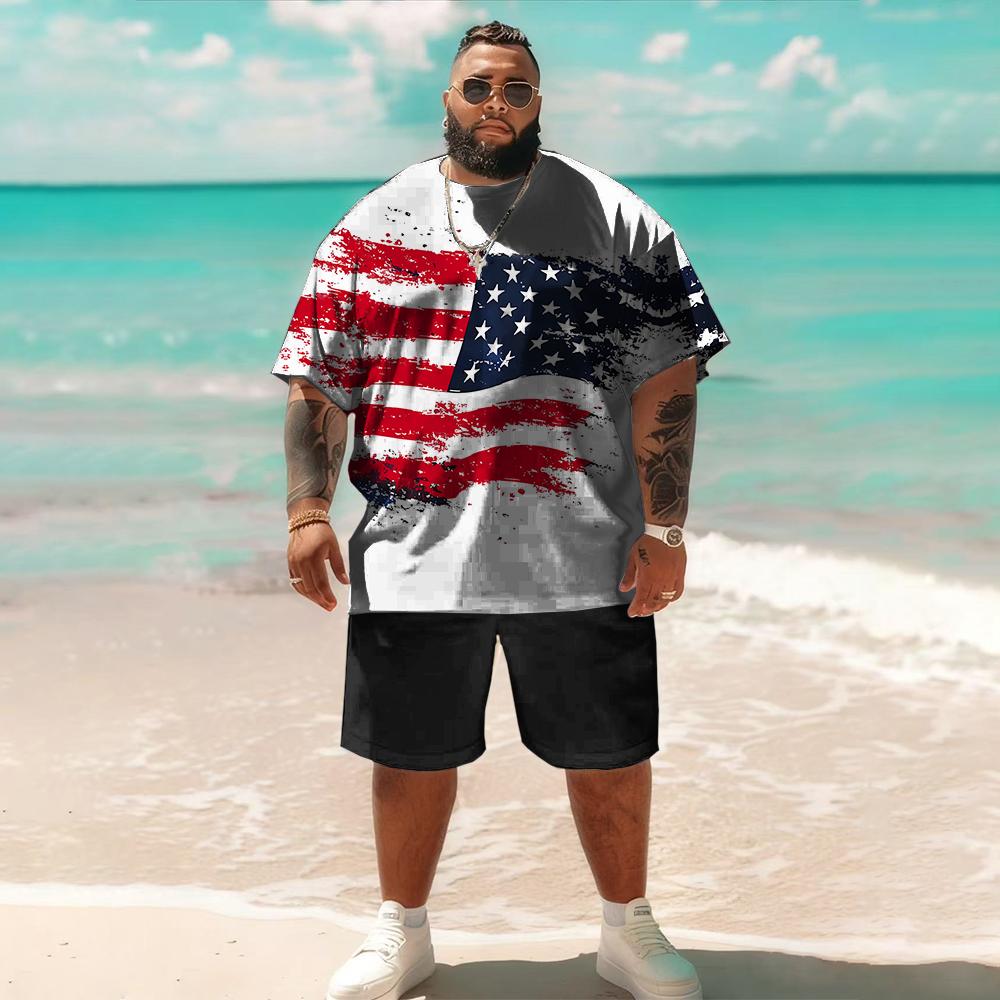 

Men s Patriotic American Flag Print 2 Piece Outfit, Oversized Short Sleeve T-Shirt and Shorts Streetwear Set S