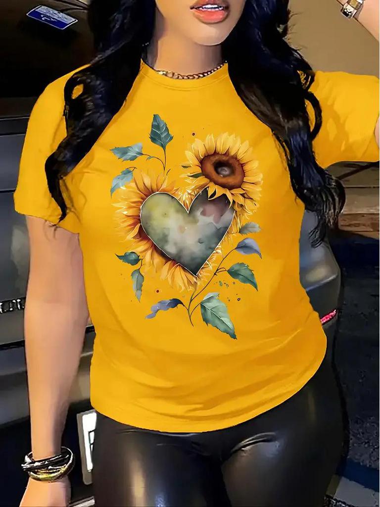 European and American Women's Yellow Short-Sleeved Top with Picture Design