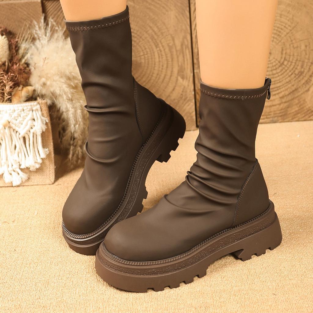 Thick-soled Martin Boots Women's 2025 New Elastic Thin Boots Versatile Thin Pleated Stacking Boots Cigarette Tube Women's Boots