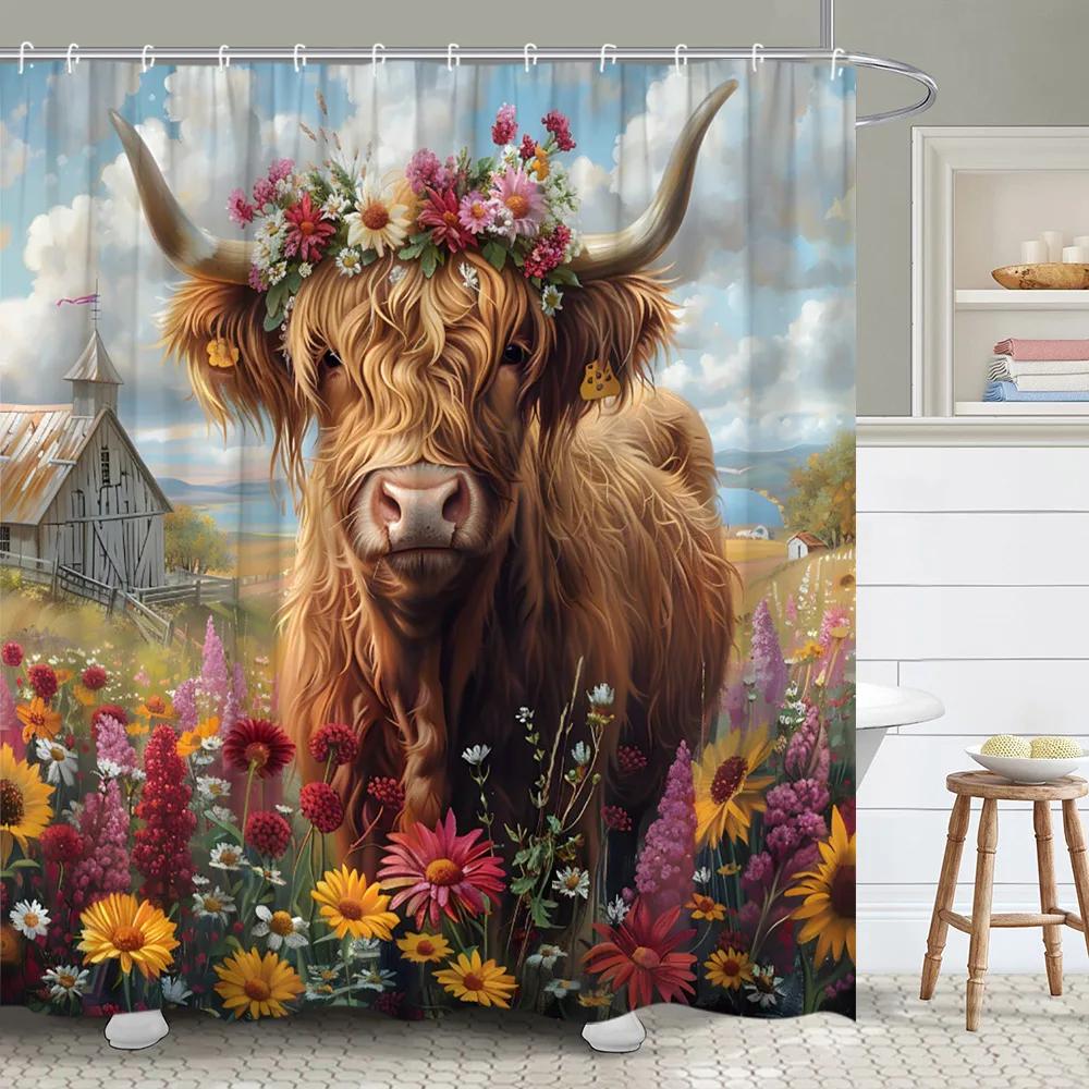Забавная Ферма Шотландская Корова Занавеска для Душа Амбар Цветок Растение Деревенская Сидящая Корова в Бочке Полиэстер Декор для Ванной Комнаты Занавеска 90x180cm-35x70in