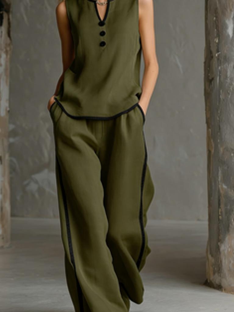 Summer Sleeveless V-Neck  Black Trim Color Block, Simple and Elegant; Wide Leg Pants Style, High-Rise Slim Fit