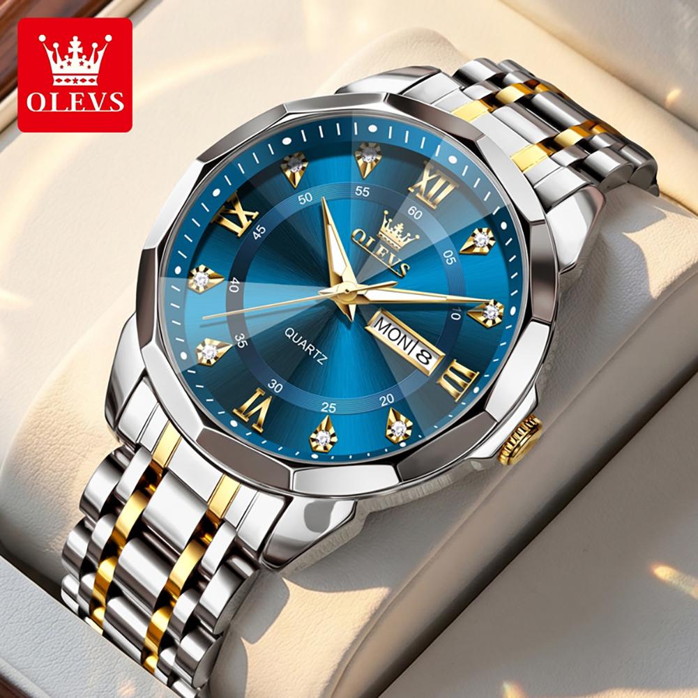 OLEVS Watch for Men Solid Steel Strap Fashion Rhombus Mirror Dual Calendar Business Men's Wristwatch Original Quartz Watch 3759