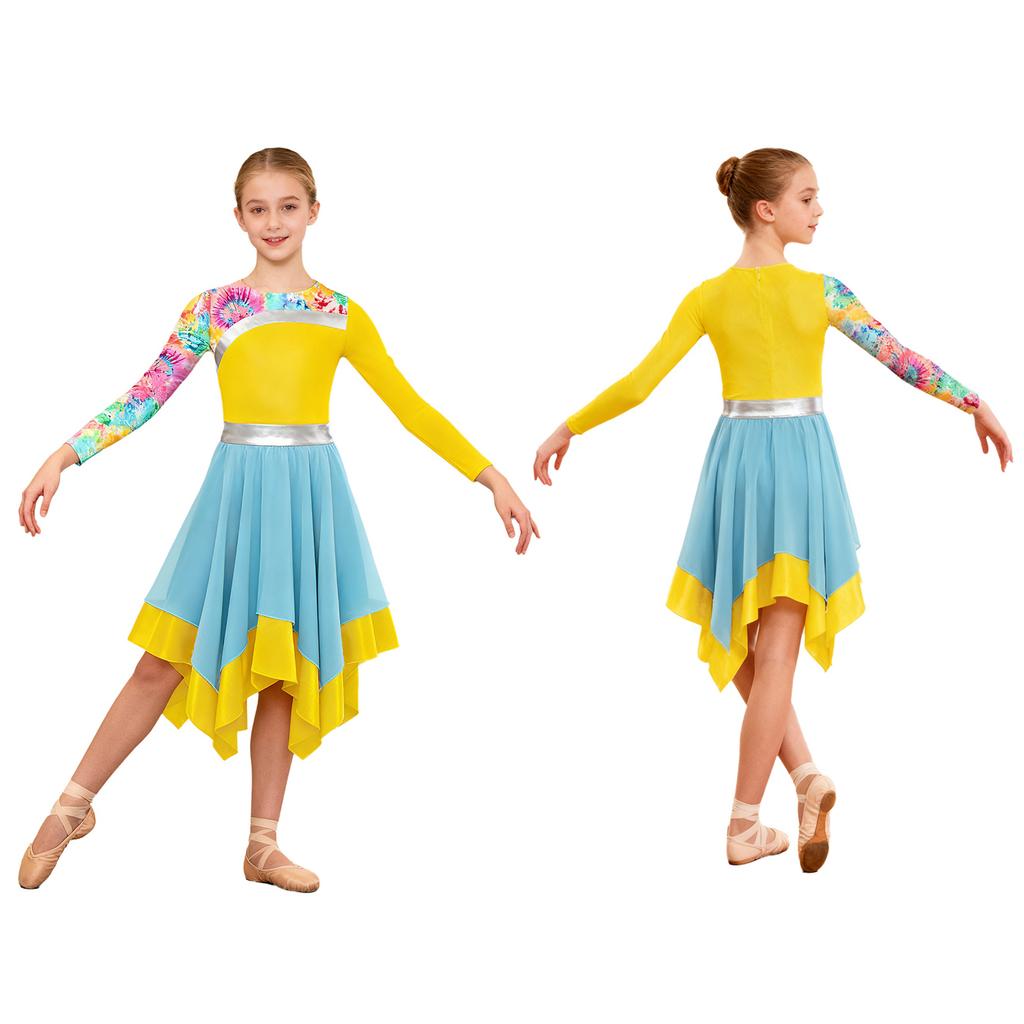 Girls Contemporary Worship Dance Dress: Long Sleeve with Invisible Zipper Back, Stylish Printed Patchwork & Color Block Irregular Hem