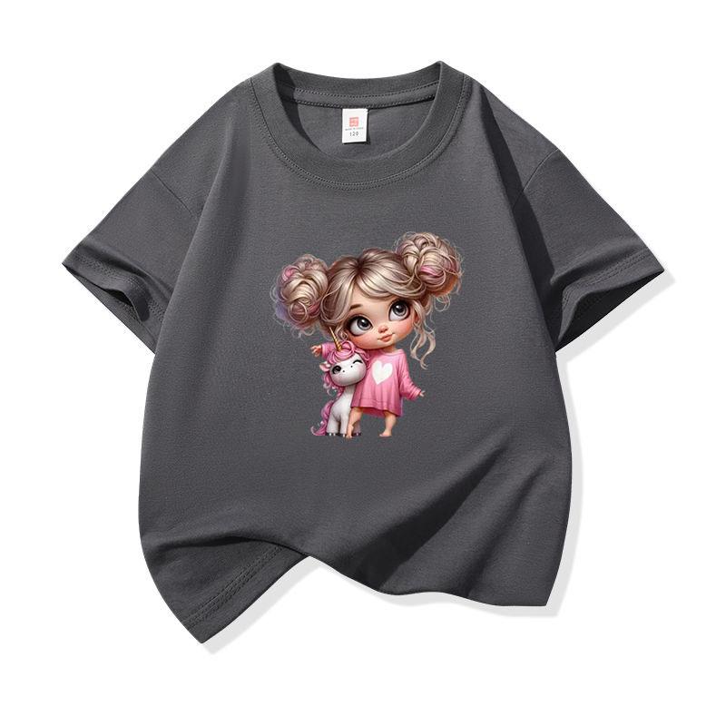 Kids Cotton T Shirt Charming Girl With Pink Unicorn Print Crew Neck Short Sleeve Tee Casual Boys Girls Summer Tops