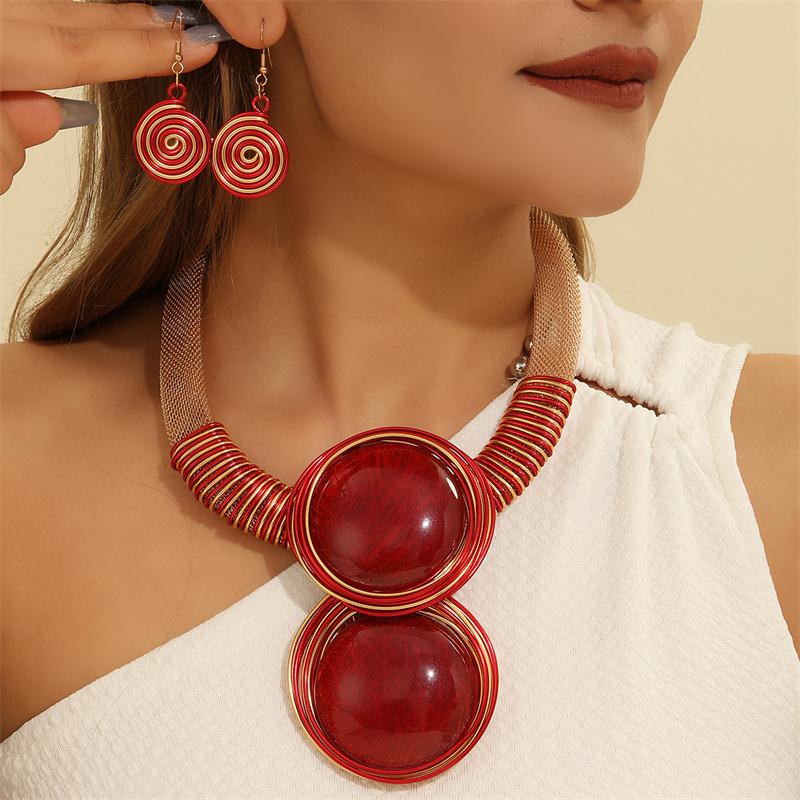 New African Colorful Round Geometry Zircon Set Aluminium Wire Necklace Earrings Set For Women Party Wedding Dress Gifts