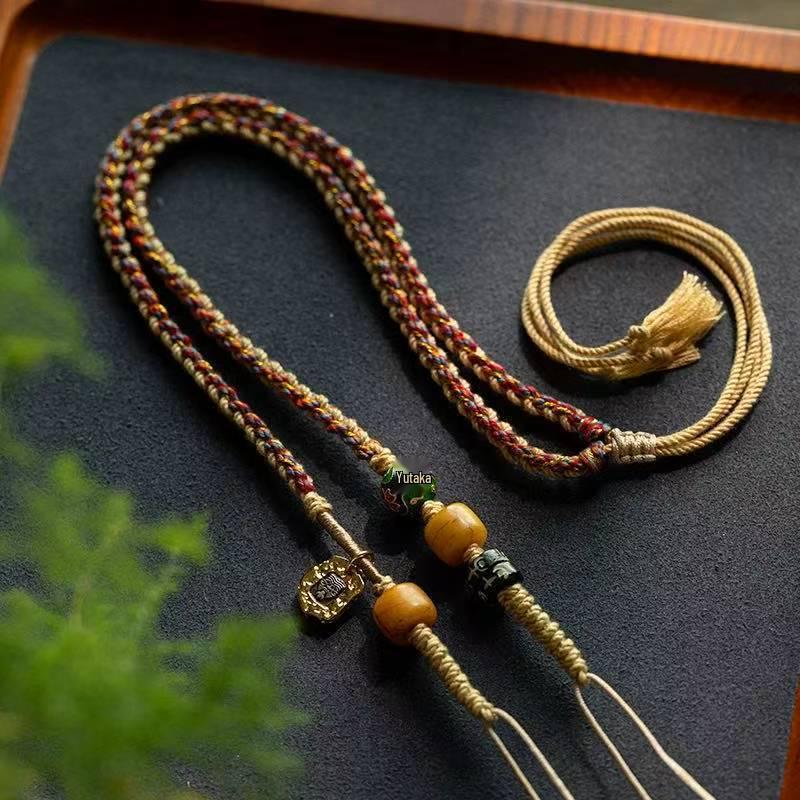 Tibetan Cross Dzi Thangka Gold Pendant Necklace Rope