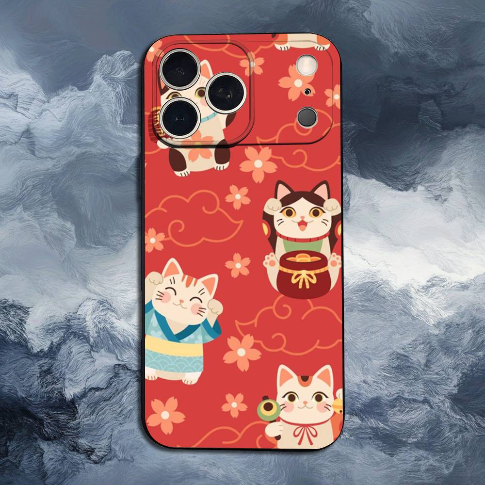 Cartoon Lucky Cat Phone For iPhone 13,12,15,14,11,16,17,Plus,Pro Max,XS,X,XR,SE,Mini,8,7,Soft Silicone Black