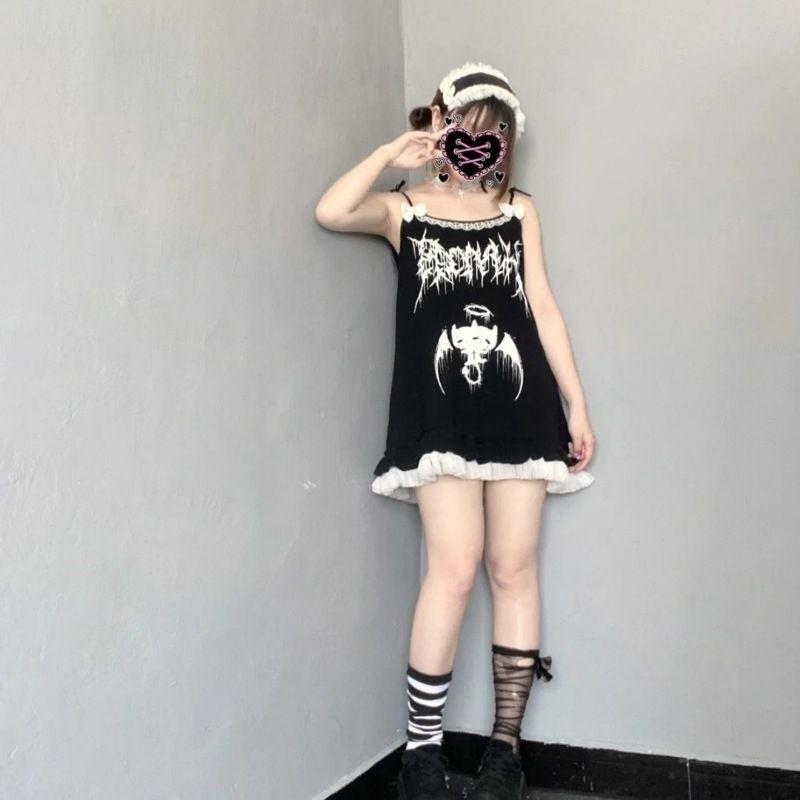 

Платье-майка без рукавов в стиле готического панка, женские платья в стиле феи в стиле гранж с принтом Y2k, сексуальный халат в стиле Харадзюку, уличная одежда, черные платья M чёрный