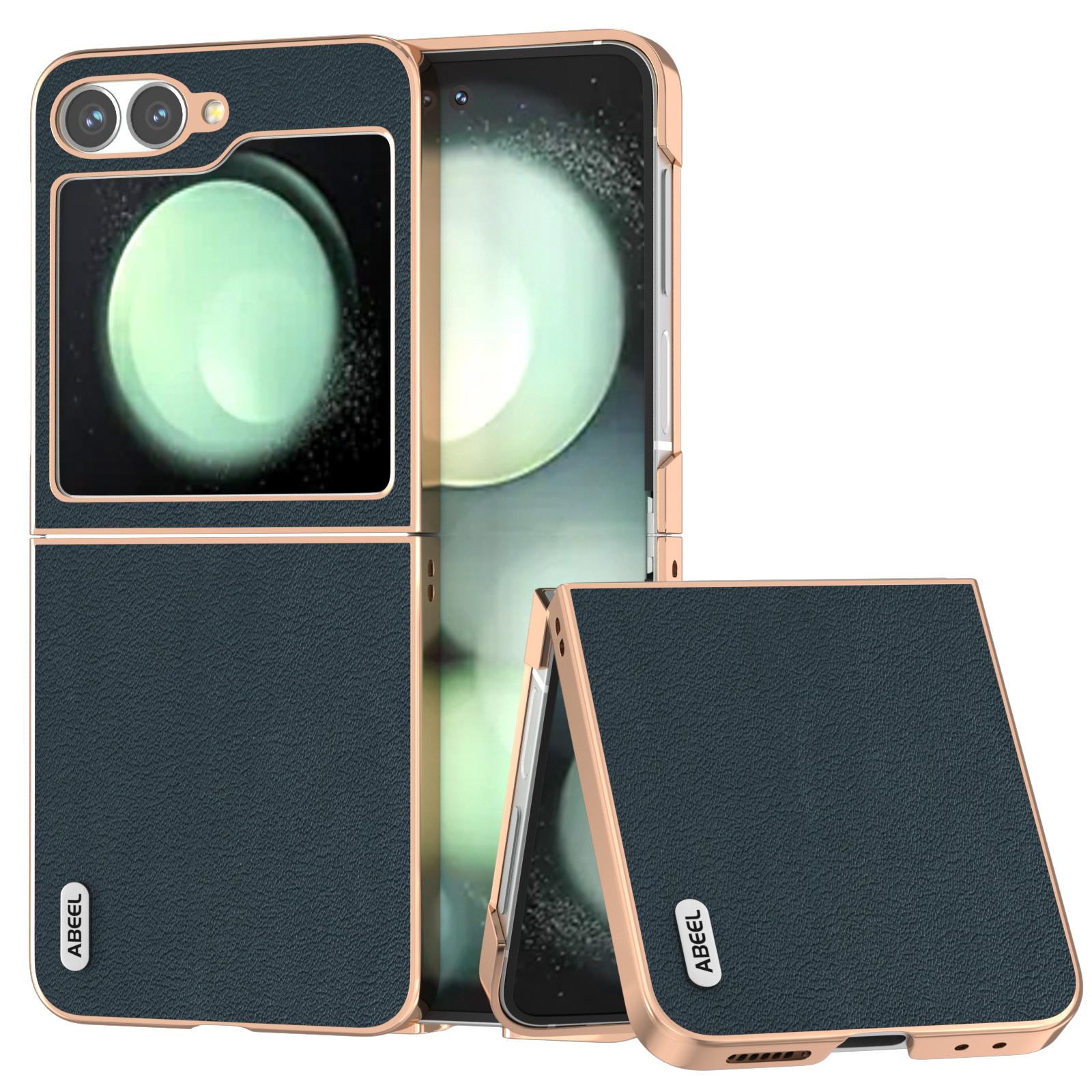 

ABEEL For Samsung Galaxy Z Flip7 FE 5G/Z Flip6 5G Case Electroplating Edge Genuine Cow Leather+PC Phone Cover B
