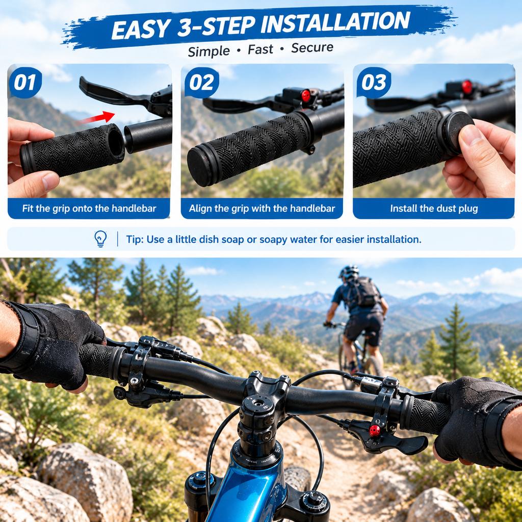 Bicycle Handlebar Grips, Water Ripple Dual-Open Rubber, Fits 2.22-2.54cm Bars, 1 Pair with Dust Plugs