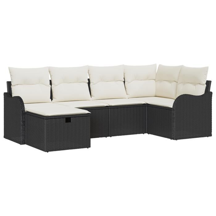Ensemble de canapé de jardin 6 pièces avec coussins noir poly rattan, Canapé de jardin 2 places avec rangement et coussins 3360308