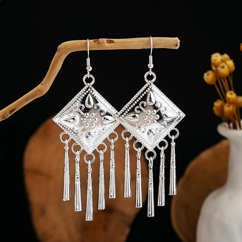 Miao geometric bells, fringed earrings, minority earrings, bohemian long leaf earrings
