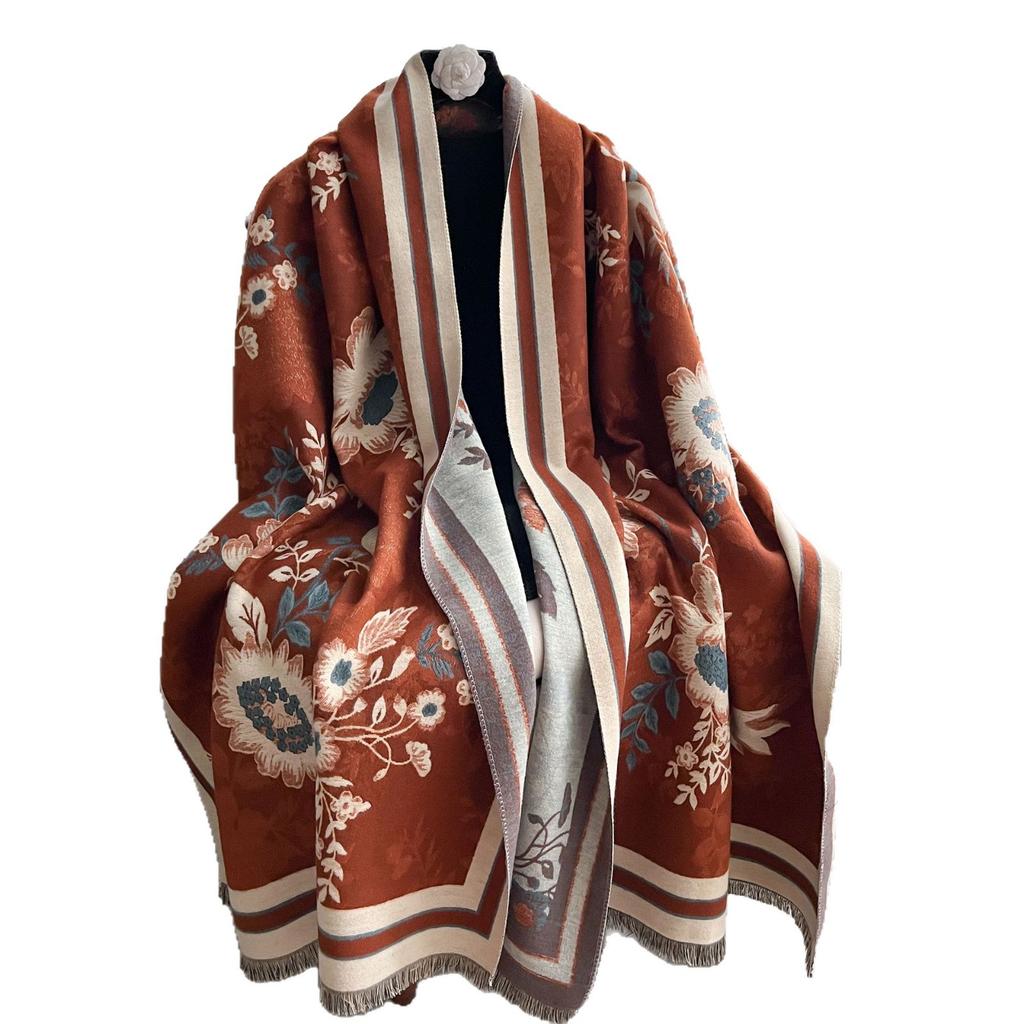 Autumn And Winter Color Matching Magnolia Flower Imitation Cashmere Scarf Women'S Winter Versatile Temperament Scarf To Keep Out The Cold Shawl