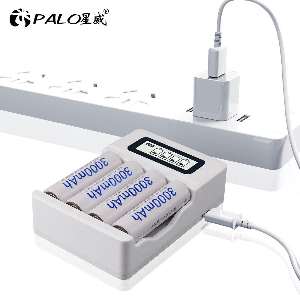 PALO 4 Slots LCD Easy Display Battery Charger With USB Input Wire for 1.2V AA / AAA NiCd NiMh Rechargeable Batteries