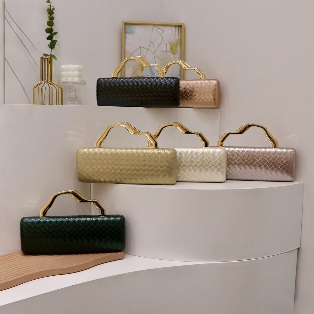 Pu Gold Woven Evening Bag With Magnetic Closure For Formal Events And Night Out