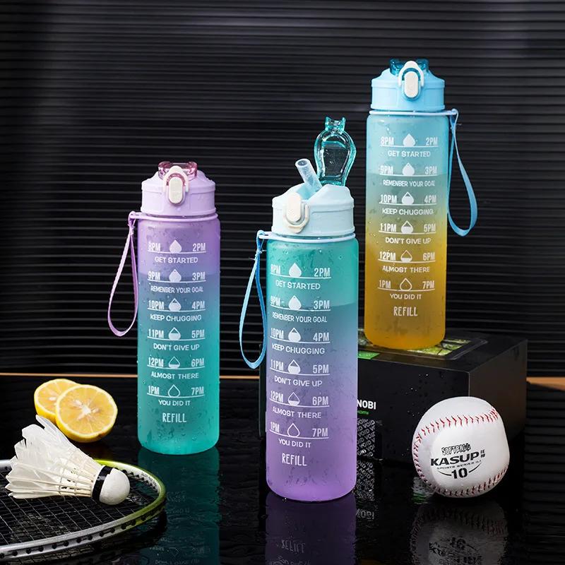 750ml Sports Water Bottle High Temperature Resistant Graduated Straw Cup Rainbow Frosted Progressive Color Water Cup Plastic Cup
