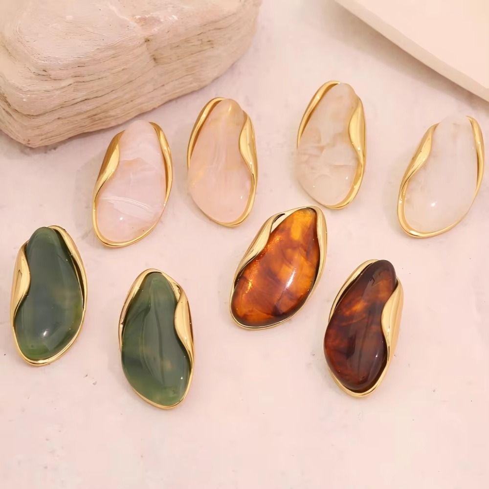 Stainless Steel Women Earrings Color Resin Vintage Finger Rings Geometric Shape Rings  Jewelry Gift