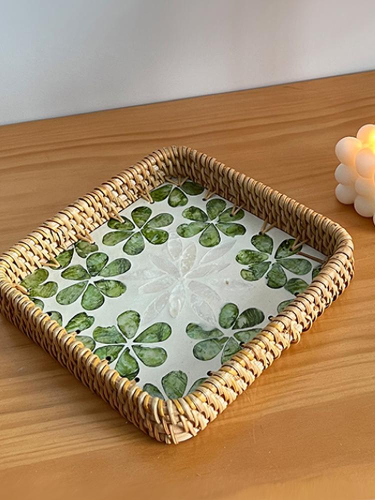 Handmade Rattan Shell Colorful Storage Tray For Living Room Luxury Picnic Snack Dried Fruit Restaurant Serving Platter