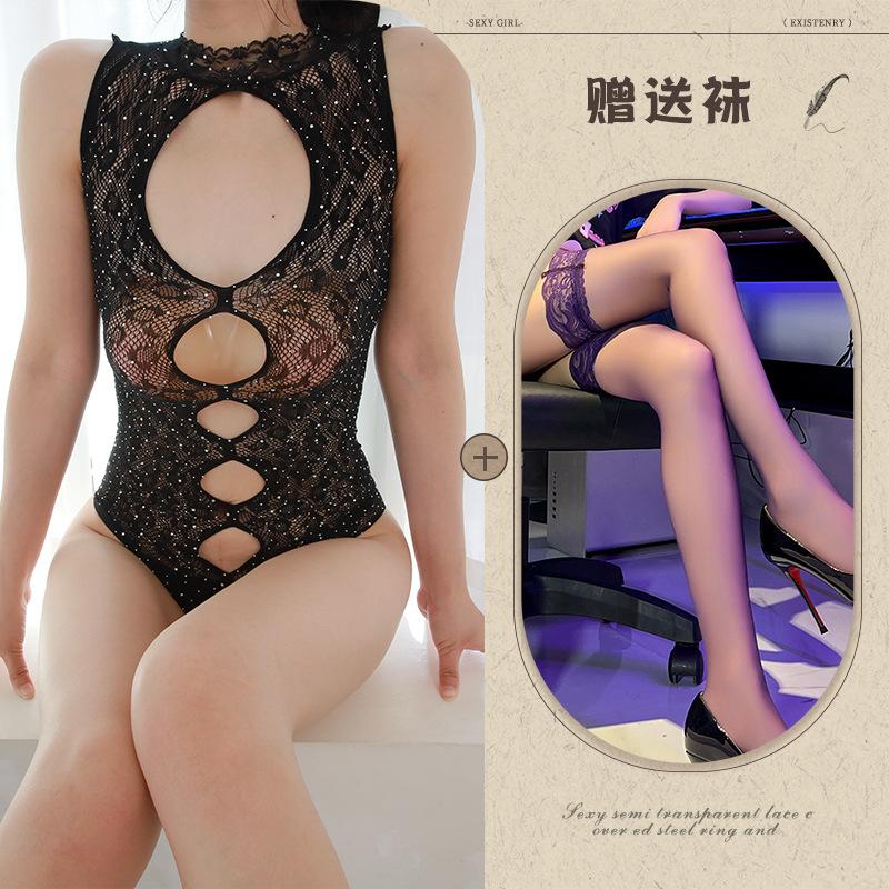 European and American sexy hollow full rhinestone bikini onesie perspective sex underwear women's bright diamond tight body