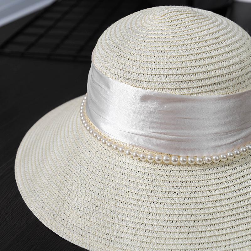 Elegant Women's Sun Hat with Bow & Faux Pearl Accents - Breathable, Wide Brim Straw Bucket Cap for Summer