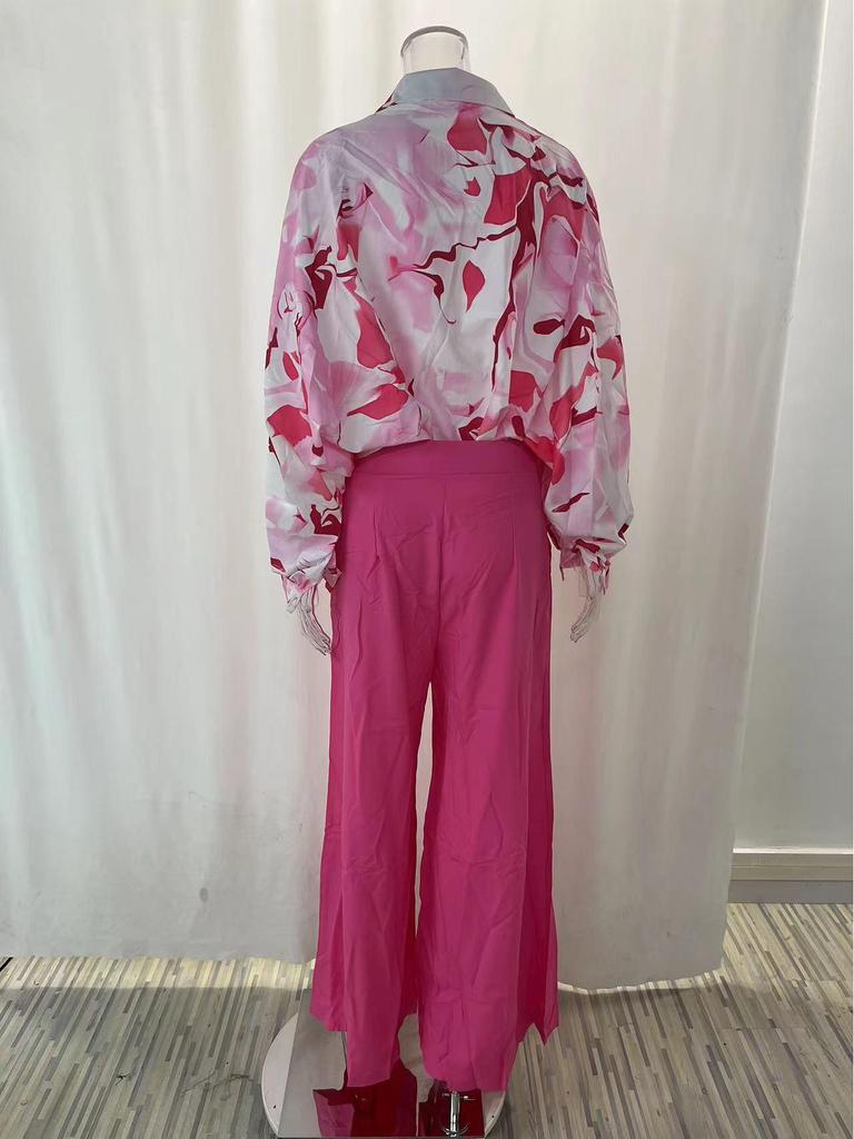 2026 Spring European & American Women's Printed Shirt & Elegant Wide-leg Pants Fashion Set