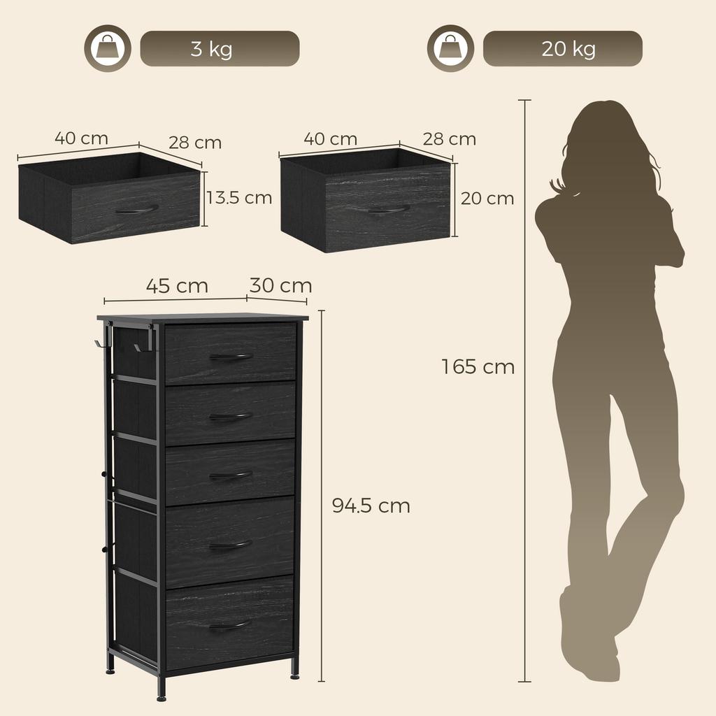 Chest of Drawers, Dresser with 5 Fabric Drawers, Tall Storage Unit with 4 Pockets and 2 Hooks, Steel Frame, Black