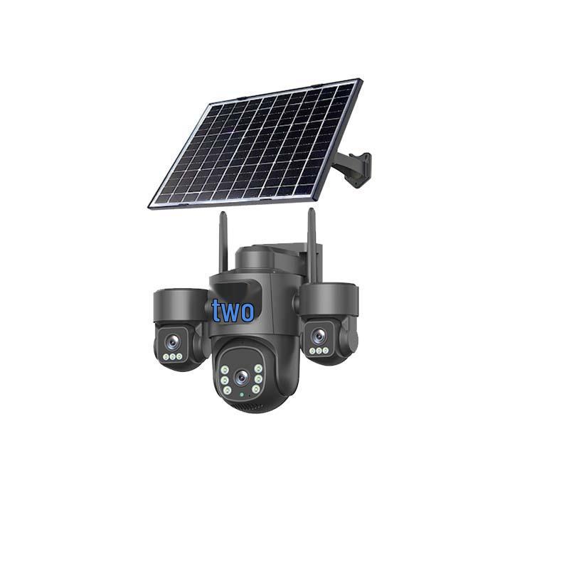 Solar-Powered Triple-Lens Rotating Alert Camera with Red & Blue Lights - Waterproof Outdoor Surveillance
