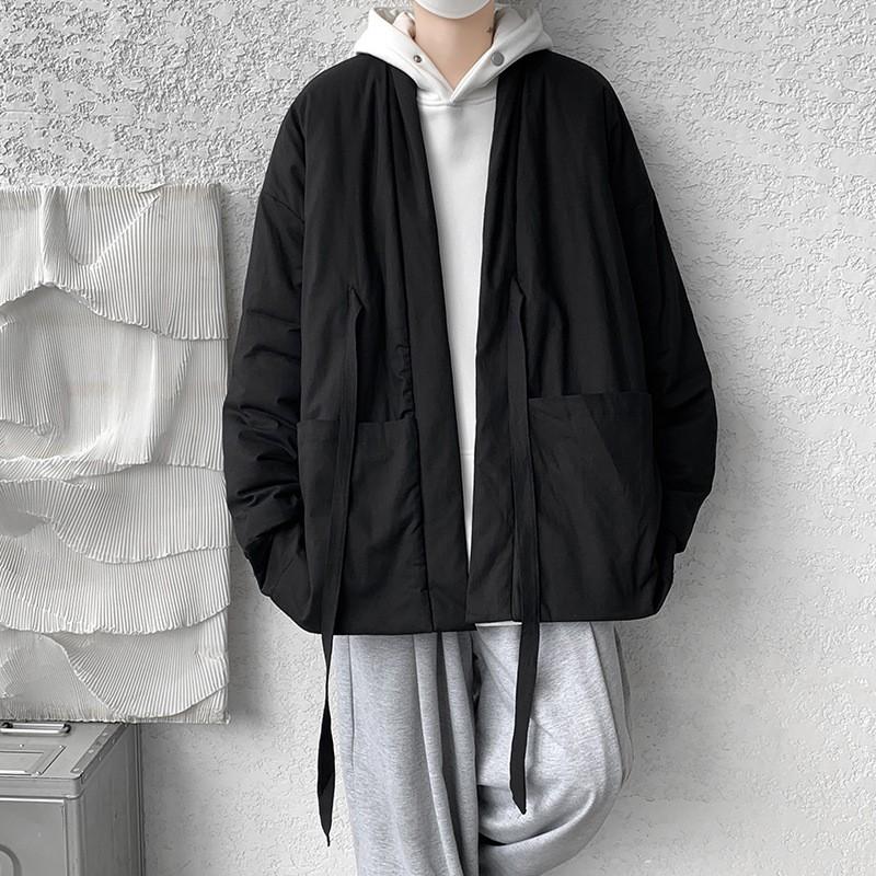 New Winter Cotton Linen Blend Padded Jacket Mens Loose Casual Open Front Coat