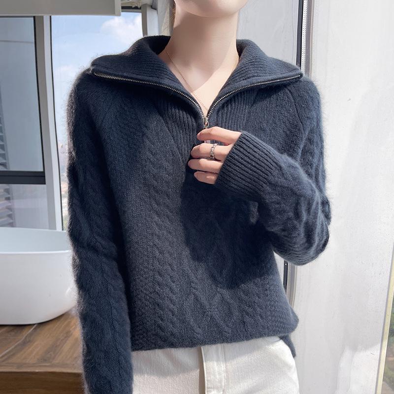 Women's Heavyweight Three-Ply Wool Half-Zip Sweater - Fashionable & Versatile for Autumn/Winter.