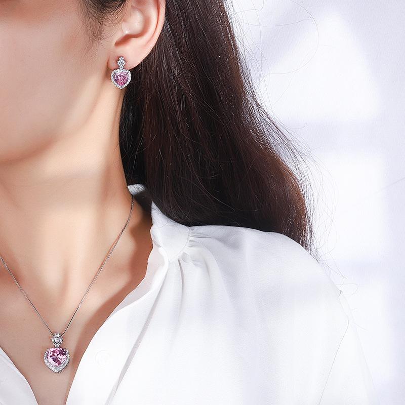 Jewelry Color Treasure Simulation Pink Diamond Jewelry Set Stud Earrings Main Stone 9 * 9 Pendant Necklace 12 * 12