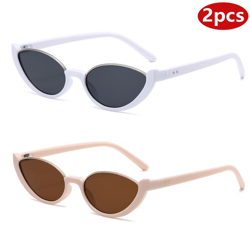 2pcs Small Oval Leopard Sunglasses Women Cat Eye Half Border Glasses Frame Fashion Driving Cycling Sunglasses Shades Unisex