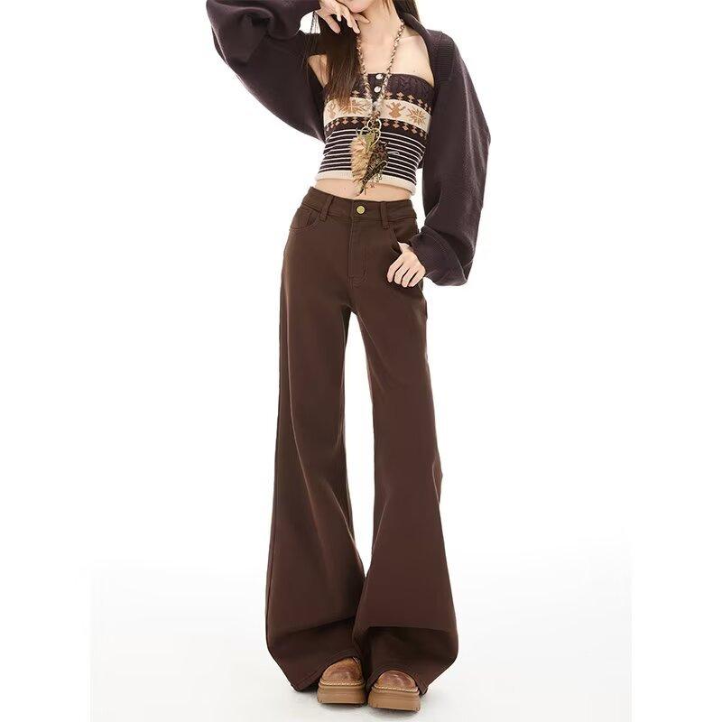 American Maillard coffee color slightly pulled jeans women's spring and autumn new high waist high and thin versatile floor flared pants