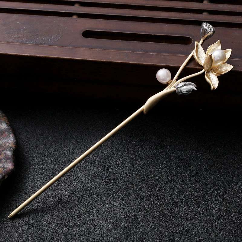 National style Metal Hairpin Vintage Banquet Hair Accessories Long Hairpin Stick Lotus Flower Hair Pins Women
