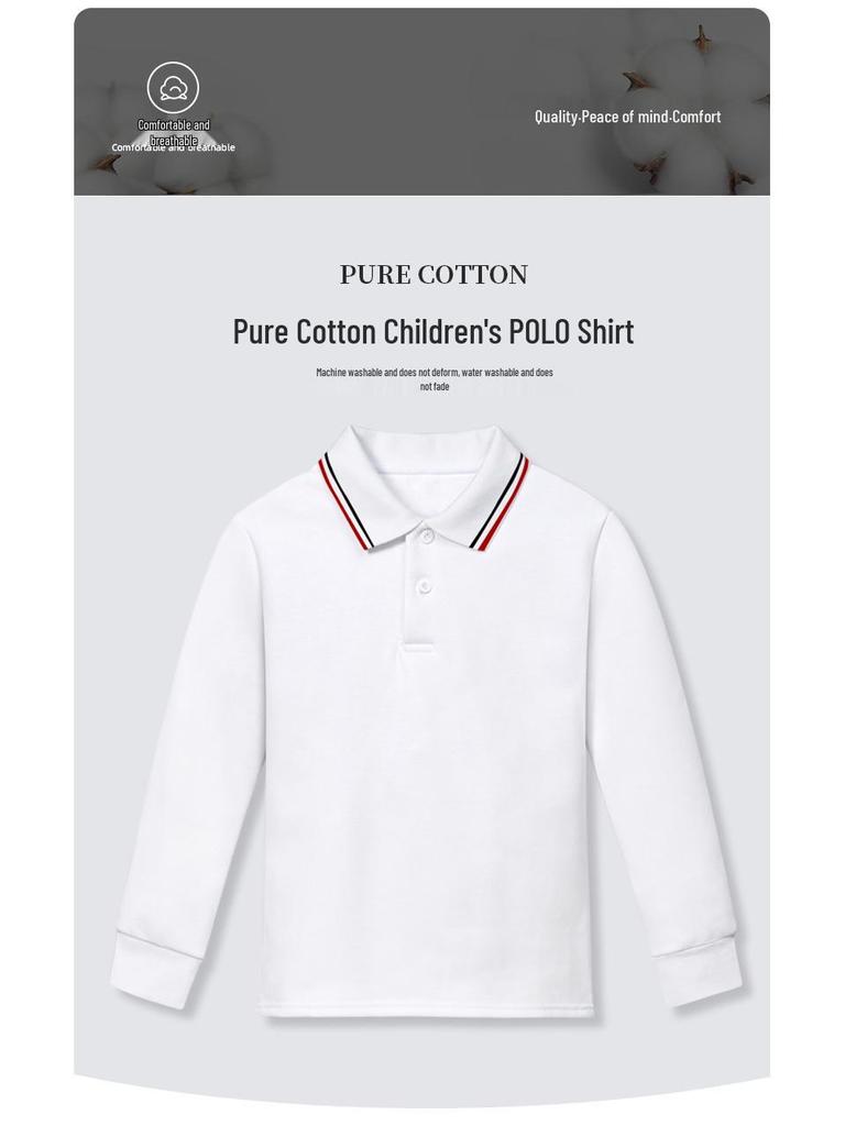 Children's White Cotton Polo Shirt with Striped Collar - Long Sleeve School Uniform for Boys and Girls