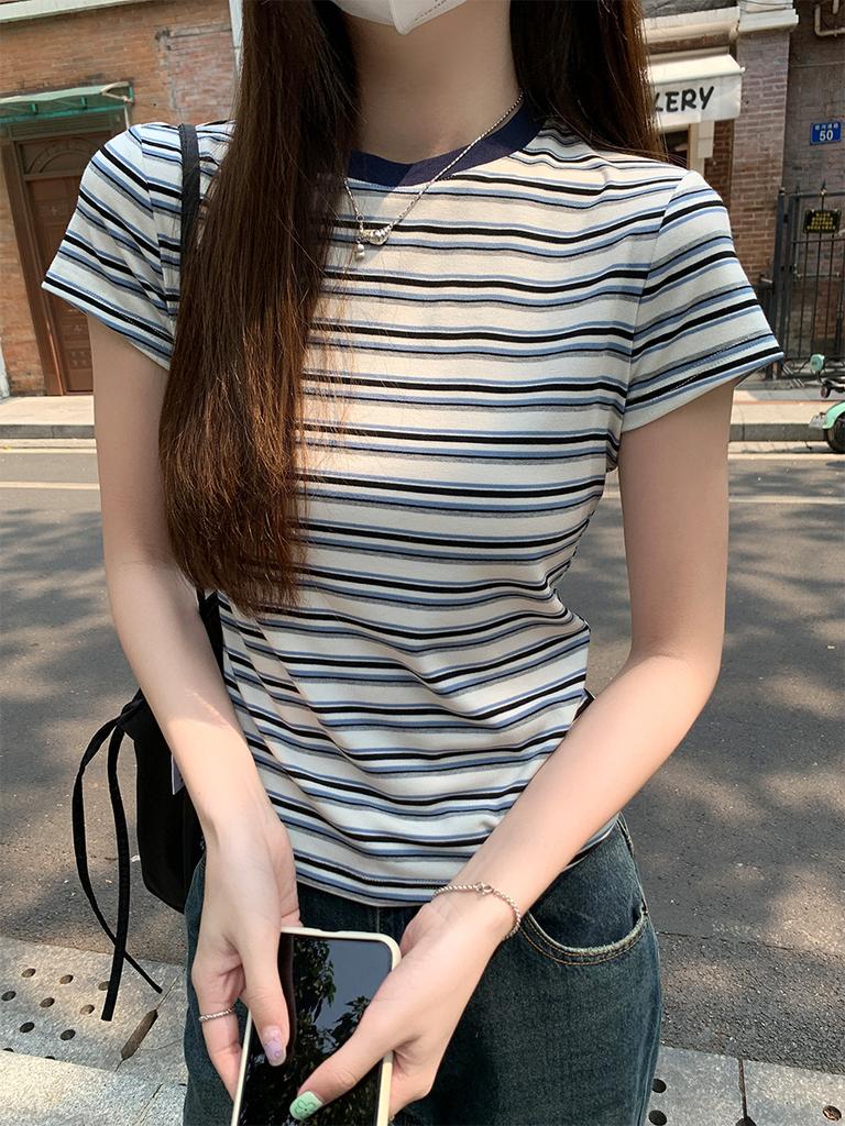 American Retro Striped Front Shoulder Crew Neck Short-sleeved T-shirt Women's Summer New Spice Girl Slim-fit Waist Top