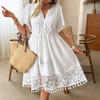 2026 Plus Size European & American V-neck Pleated Lace Beach Vacation Dress
