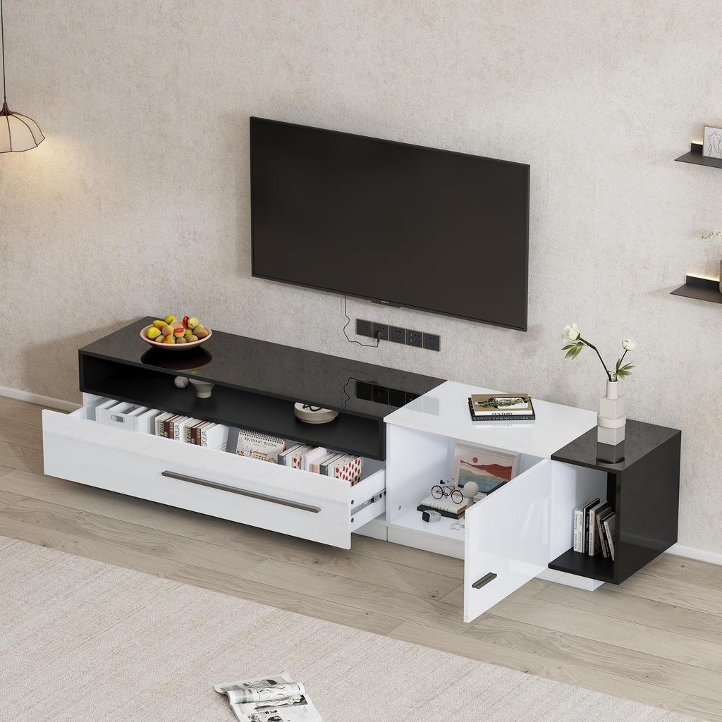 Hochglanz, TV Board Lowboard Schublade, Tür offenem Fach, Eleganter TV-ständer Fernseher bis zu 70 Zoll, Esszimmer, 170cm, Weiß & Schwarz