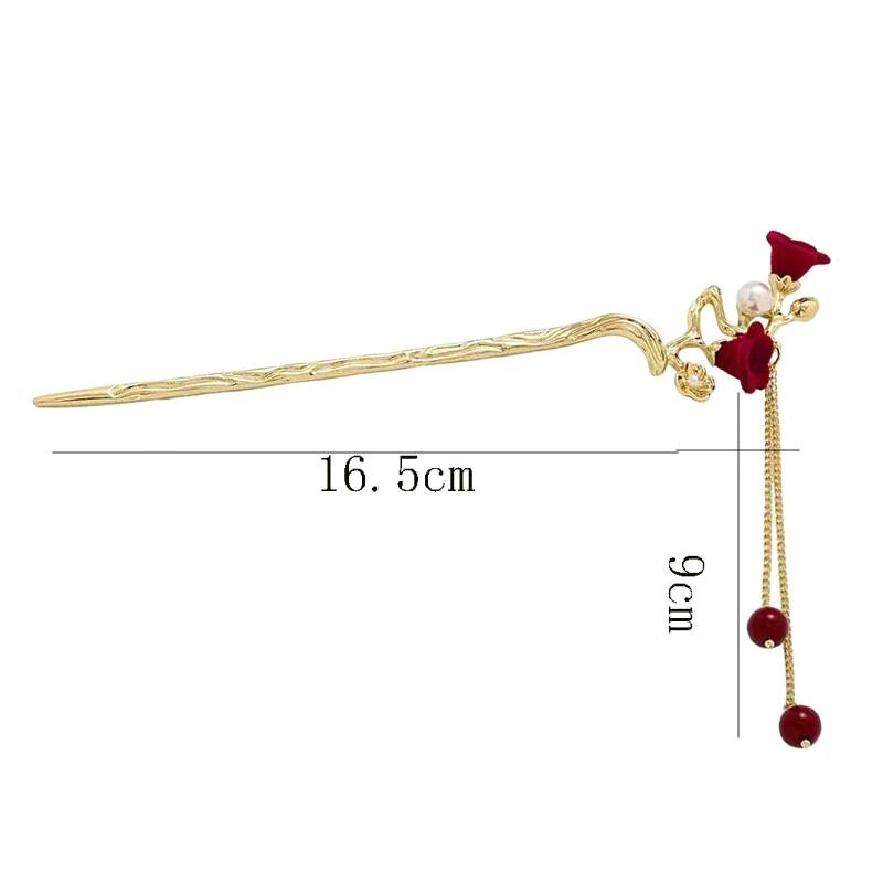 New Chinese Style Red Rose Fringe Hairpin Vintage Rose Hair Sticks Hairwear For Women Hair Fork Disk Hair Chopsticks Headdress