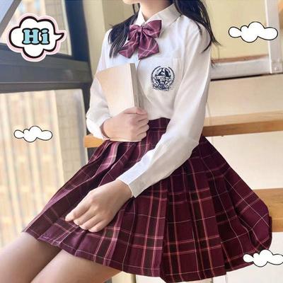 3Pcs Women Anime School Uniform Set Wine Red Pleated Skirts Summer JK Shirt Long Sleeve Jacket With Mini Plaid Skirt Suit