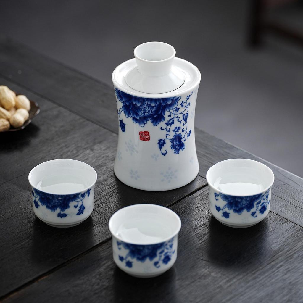 Blue & White Porcelain Ceramic Wine Warmer Set - Includes Pot and Sake Cup for Home Use