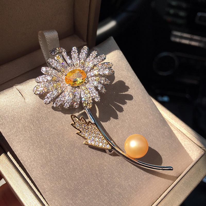 Elegant Freshwater Pearl Daisy Brooch, Copper Zircon Flower Pin