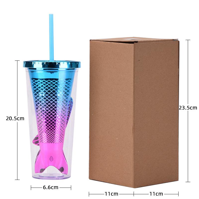 Double Layer Plastic Cup Creative Gradual Change Mermaid Tail Straw Cup Appearance Electroplating Color Sequined Water Cup