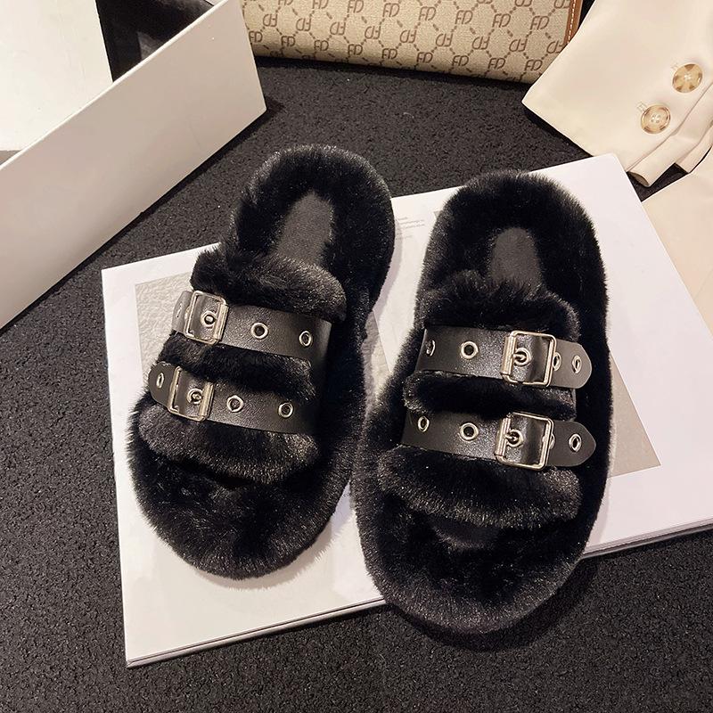 Internet celebrity popular fluffy slippers women wear autumn and winter plush slippers go out soft bottom versatile new thick bottom cotton mop