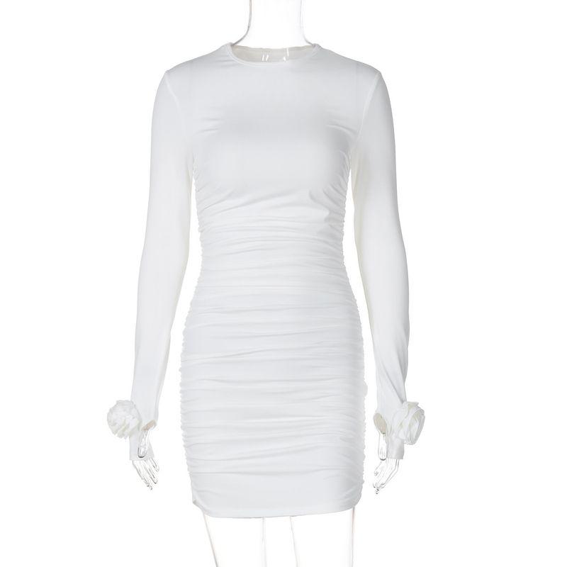 

Amazon Women clothes 2024 Autumn New Product Fashion Sexy Slim fit Side Pleat round Neck Long sleeve dress White S