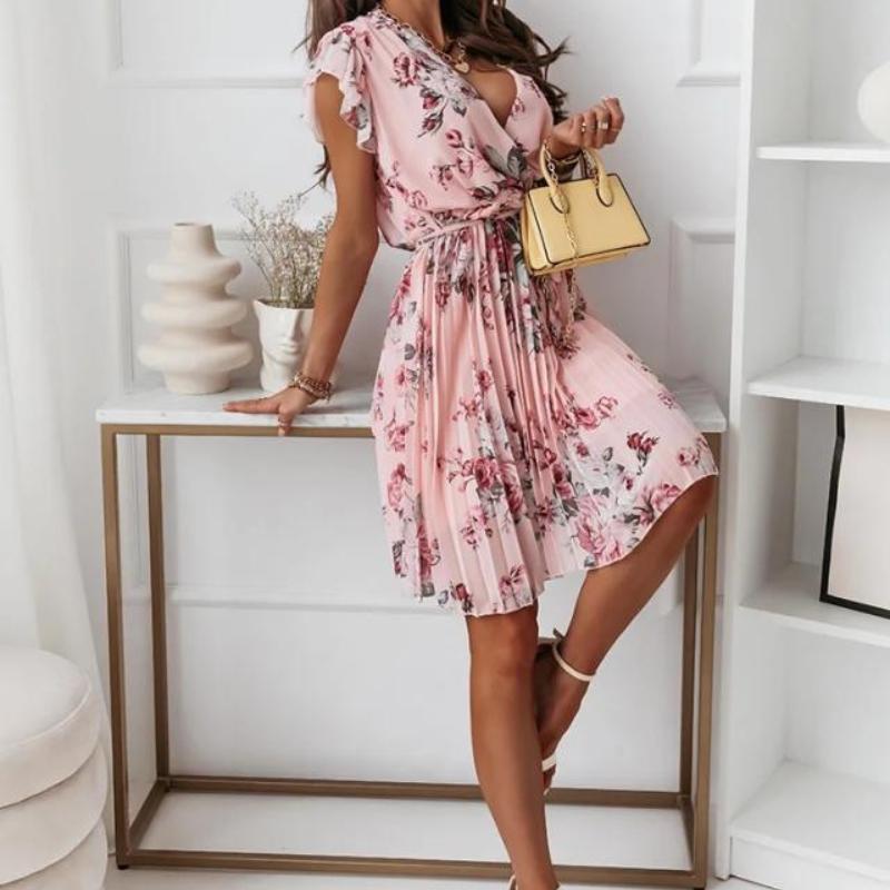Women's Summer Ruffle Short Sleeve V-Neck Printed Dresses