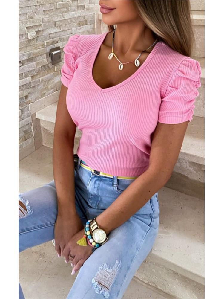 

2025 Spring Summer Women s T-shirt V-neck Thread Casual Fashion Solid Color Pullover Bubble Sleeve Short Sleeve Women s T-shirt XXL жовтий