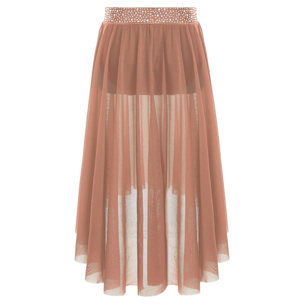 Saia de Dança Lírica para Meninas com Cós de Strass Brilhantes Saia de Malha High-Low Fenda Lateral Contemporâneo