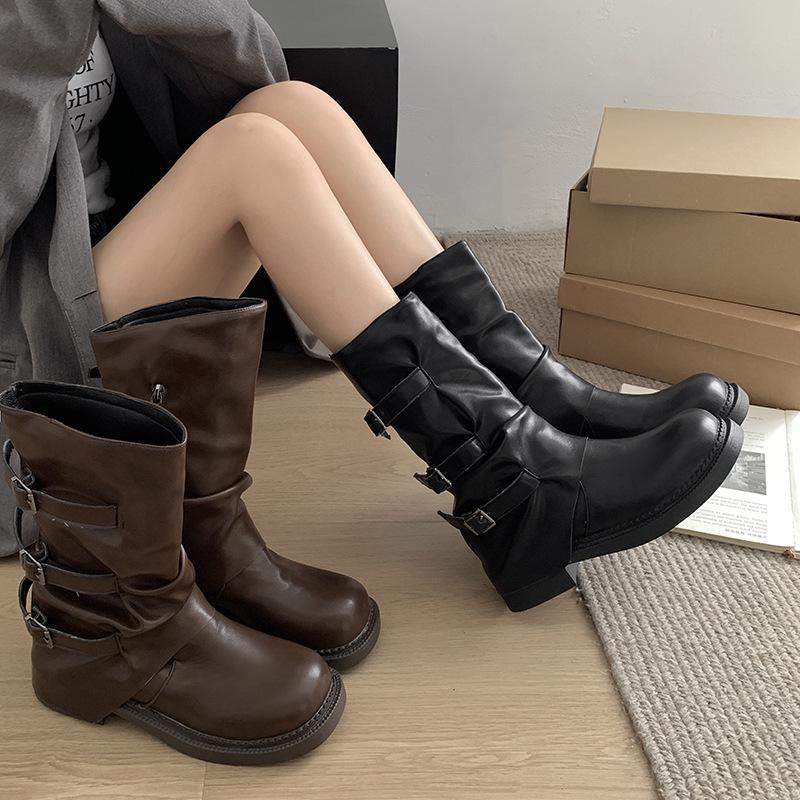 Nischen-Retro-Stiefel mit dickem Absatz und mittlerer Höhe, Western-Cowboy-Stapelstiefel, Ritterstiefel, Frühherbst-Martinsstiefel, Französische Damenstiefel